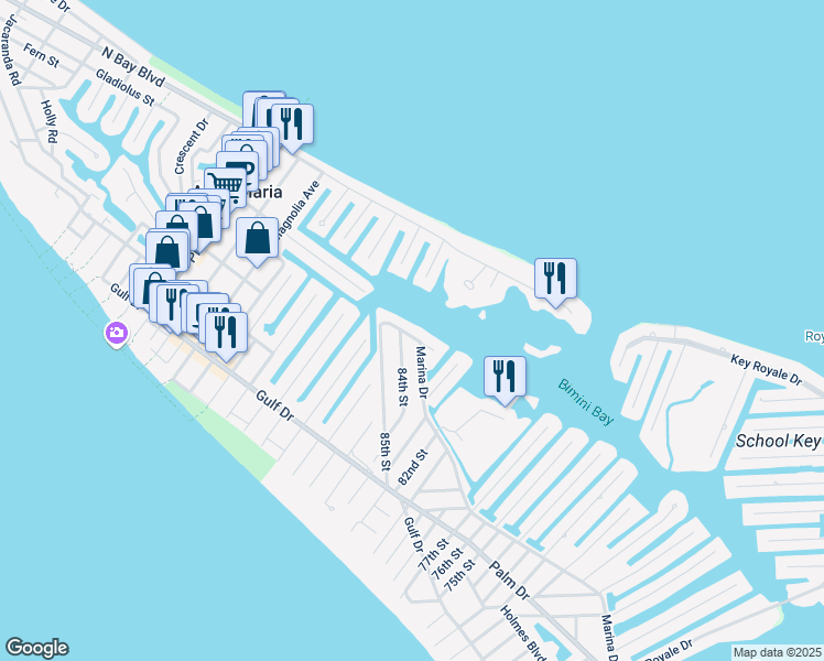 map of restaurants, bars, coffee shops, grocery stores, and more near 8323 Marina Drive in Holmes Beach