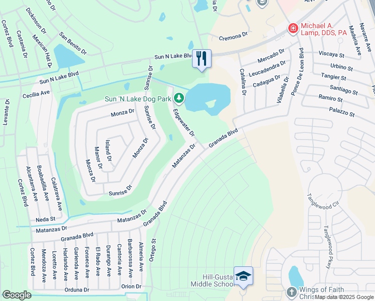 map of restaurants, bars, coffee shops, grocery stores, and more near 5630 Matanzas Drive in Sebring