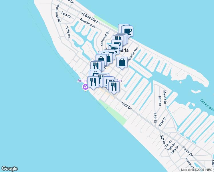 map of restaurants, bars, coffee shops, grocery stores, and more near 203 Spring Avenue in Anna Maria