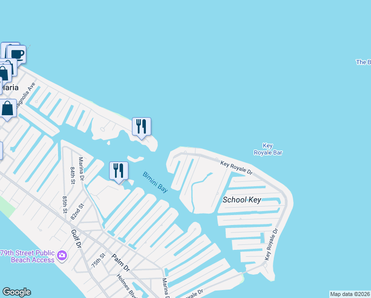 map of restaurants, bars, coffee shops, grocery stores, and more near 717 Key Royale Drive in Holmes Beach