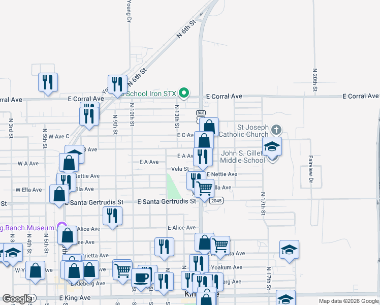 map of restaurants, bars, coffee shops, grocery stores, and more near 916 East A Avenue in Kingsville