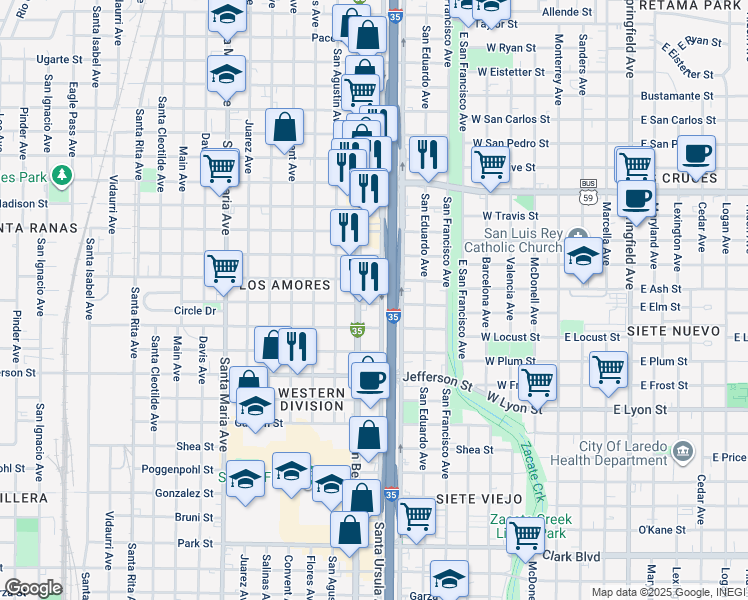 map of restaurants, bars, coffee shops, grocery stores, and more near 3001 San Bernardo Ave in Laredo