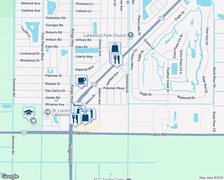 map of restaurants, bars, coffee shops, grocery stores, and more near 6801 Palomar Parkway in Fort Pierce