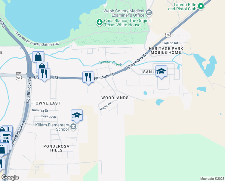 map of restaurants, bars, coffee shops, grocery stores, and more near 6107 Sako Street in Laredo