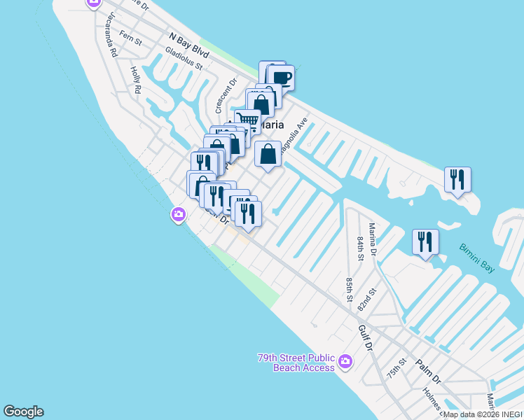 map of restaurants, bars, coffee shops, grocery stores, and more near 305 Hardin Drive in Anna Maria