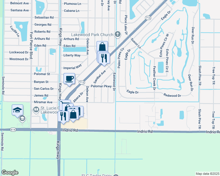map of restaurants, bars, coffee shops, grocery stores, and more near 6503 Palomar Parkway in Fort Pierce