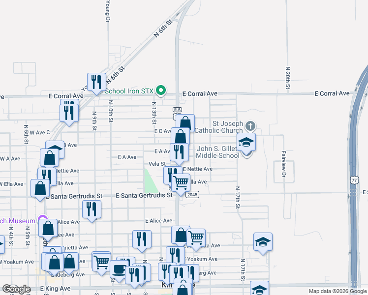 map of restaurants, bars, coffee shops, grocery stores, and more near 1005 East B Avenue in Kingsville