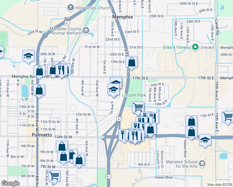 map of restaurants, bars, coffee shops, grocery stores, and more near 305 17th Street East in Palmetto