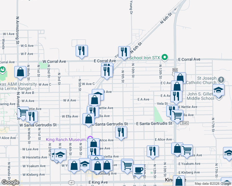 map of restaurants, bars, coffee shops, grocery stores, and more near 407 East B Avenue in Kingsville