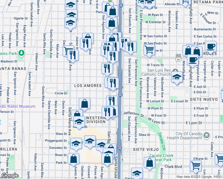 map of restaurants, bars, coffee shops, grocery stores, and more near 3001 San Bernardo Avenue in Laredo