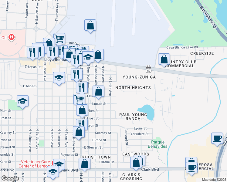 map of restaurants, bars, coffee shops, grocery stores, and more near 3207 East Ash Street in Laredo