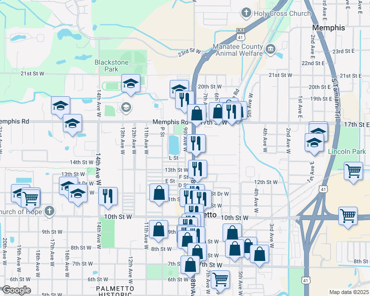 map of restaurants, bars, coffee shops, grocery stores, and more near 14 9th Avenue West in Palmetto