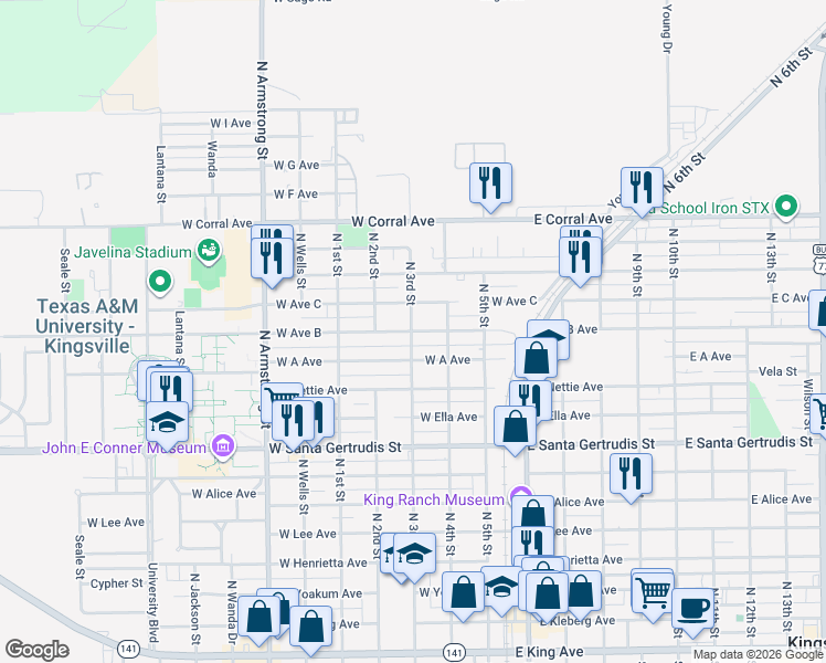 map of restaurants, bars, coffee shops, grocery stores, and more near 709 West Avenue B in Kingsville