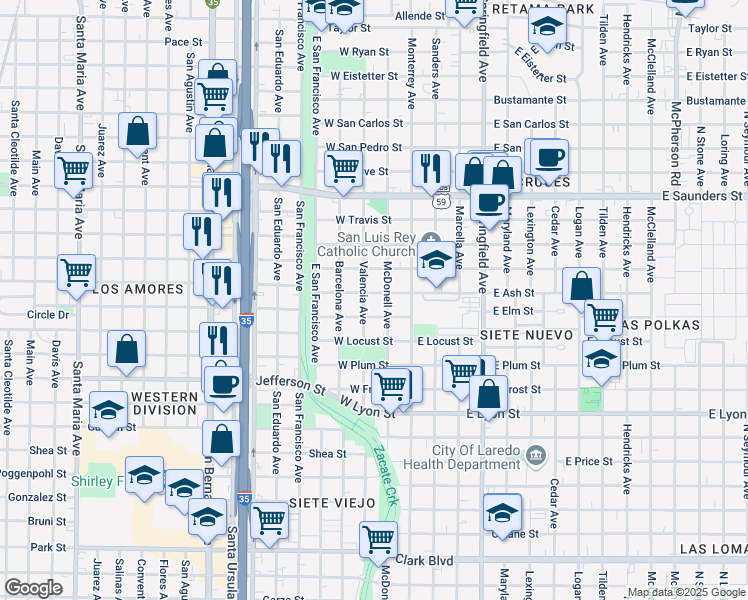 map of restaurants, bars, coffee shops, grocery stores, and more near 207 West Ash Street in Laredo