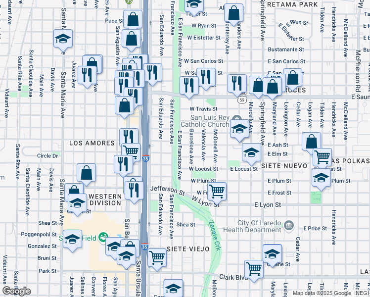 map of restaurants, bars, coffee shops, grocery stores, and more near 407 West Ash Street in Laredo