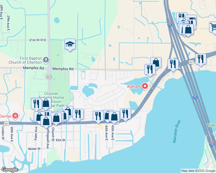 map of restaurants, bars, coffee shops, grocery stores, and more near 4411 15th Street East in Ellenton