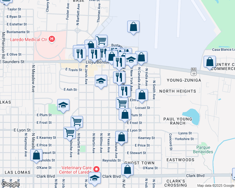 map of restaurants, bars, coffee shops, grocery stores, and more near 2701 East Ash Street in Laredo