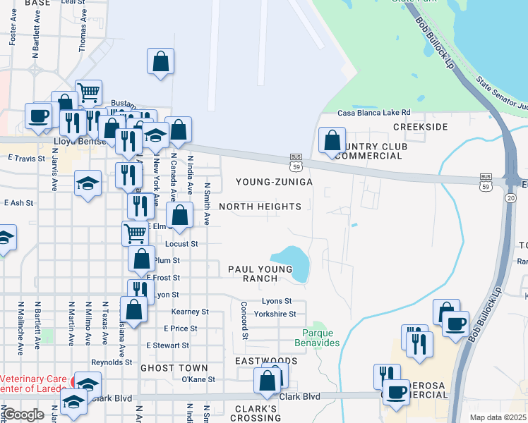 map of restaurants, bars, coffee shops, grocery stores, and more near 3414 East Ash Street in Laredo