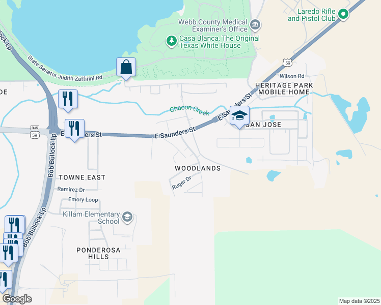 map of restaurants, bars, coffee shops, grocery stores, and more near 6107 Sako Street in Laredo