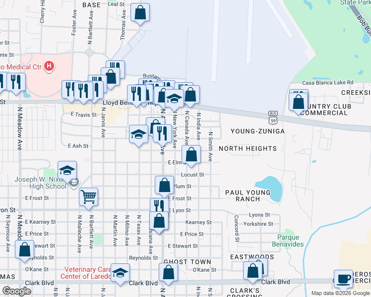 map of restaurants, bars, coffee shops, grocery stores, and more near 2901 East Ash Street in Laredo