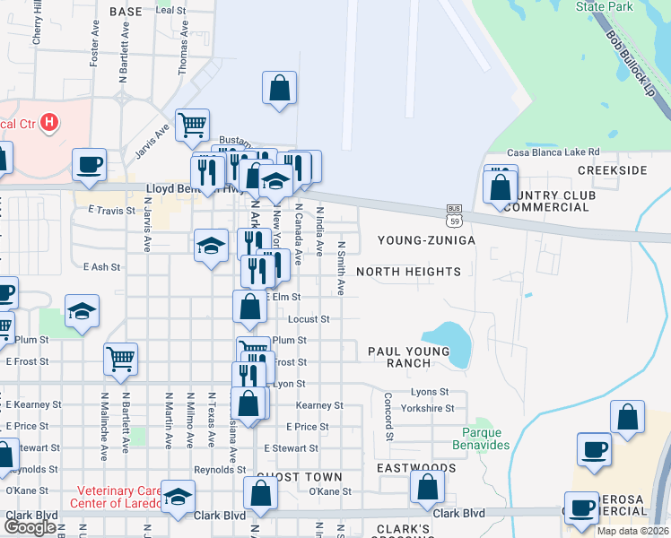 map of restaurants, bars, coffee shops, grocery stores, and more near 3207 East Ash Street in Laredo