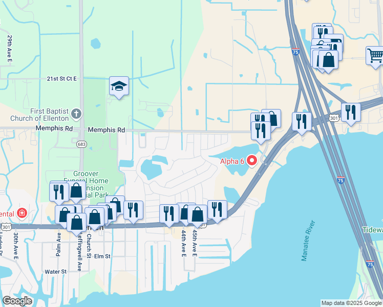 map of restaurants, bars, coffee shops, grocery stores, and more near 4411 15th Street East in Ellenton