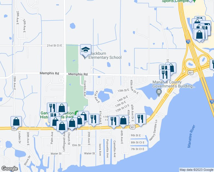 map of restaurants, bars, coffee shops, grocery stores, and more near 1514 41st Avenue Drive East in Ellenton