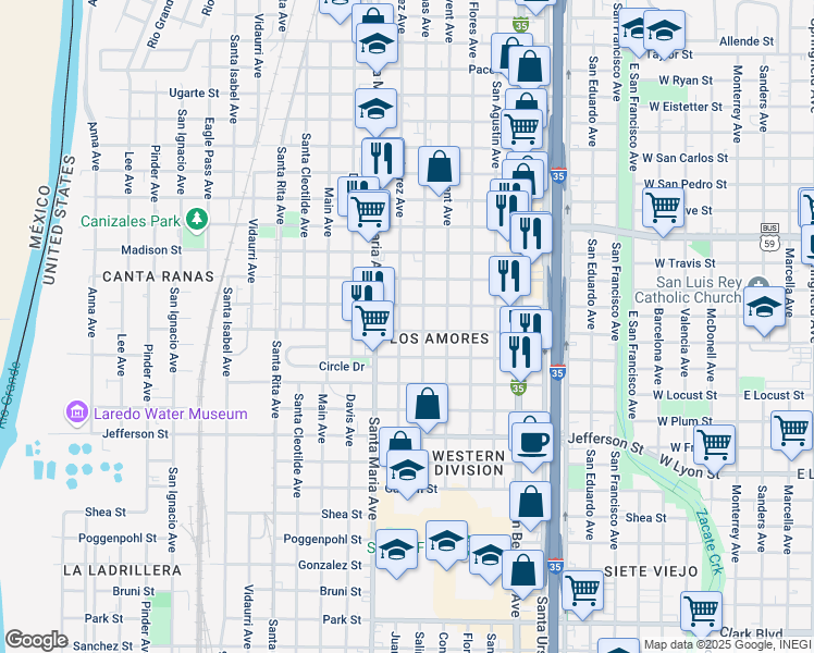 map of restaurants, bars, coffee shops, grocery stores, and more near 3118 Salinas Avenue in Laredo