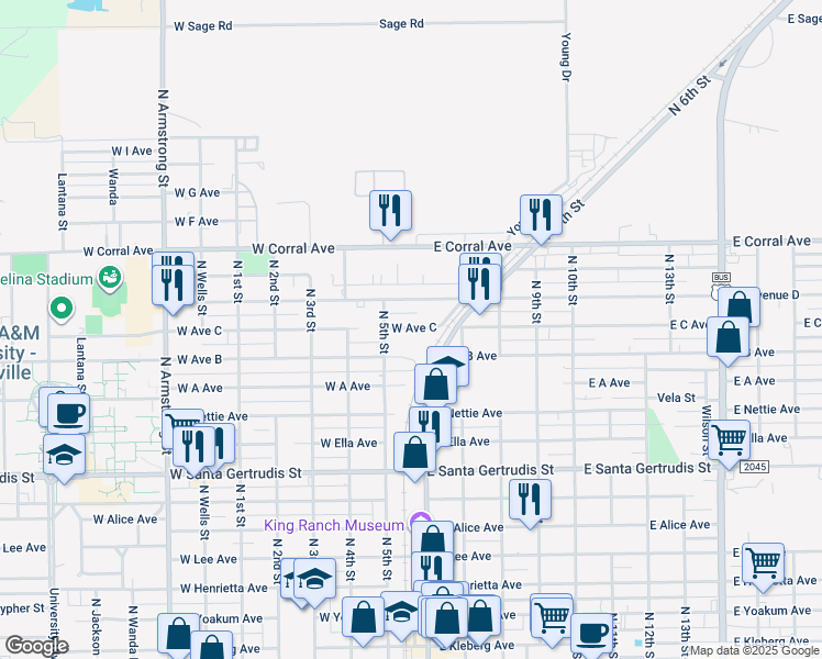 map of restaurants, bars, coffee shops, grocery stores, and more near 170 West Avenue C in Kingsville