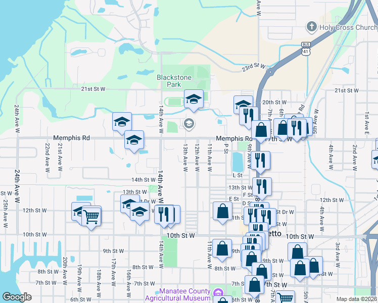 map of restaurants, bars, coffee shops, grocery stores, and more near 1303 17th Street West in Palmetto