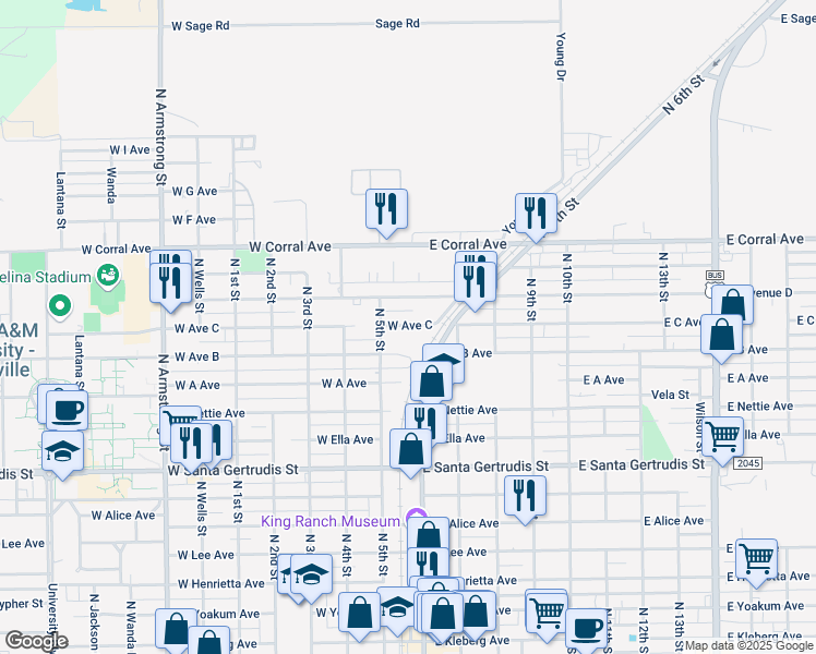 map of restaurants, bars, coffee shops, grocery stores, and more near 170 West Avenue C in Kingsville