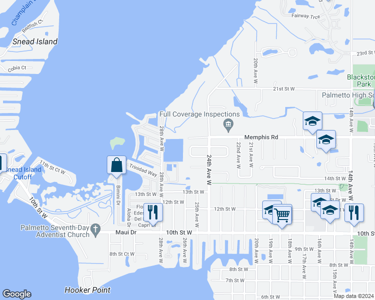 map of restaurants, bars, coffee shops, grocery stores, and more near 2420 16th Street West in Palmetto