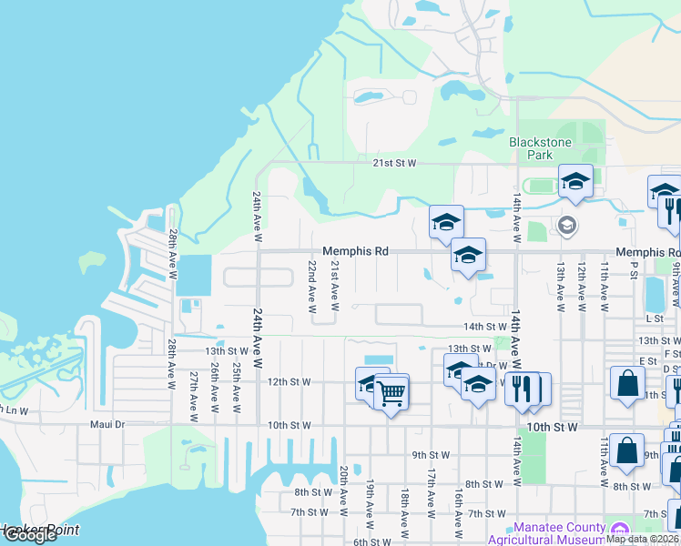 map of restaurants, bars, coffee shops, grocery stores, and more near 1602 21st Avenue West in Palmetto