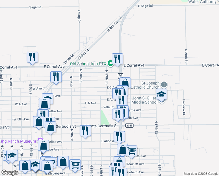 map of restaurants, bars, coffee shops, grocery stores, and more near 816 East C Avenue in Kingsville