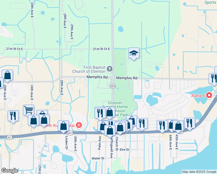 map of restaurants, bars, coffee shops, grocery stores, and more near 3420 16th Street East in Ellenton