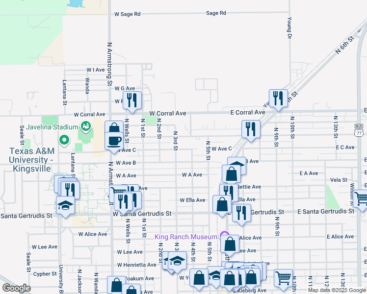 map of restaurants, bars, coffee shops, grocery stores, and more near 332 West Avenue C in Kingsville