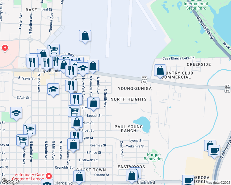 map of restaurants, bars, coffee shops, grocery stores, and more near 3503 North Ejido Avenue in Laredo
