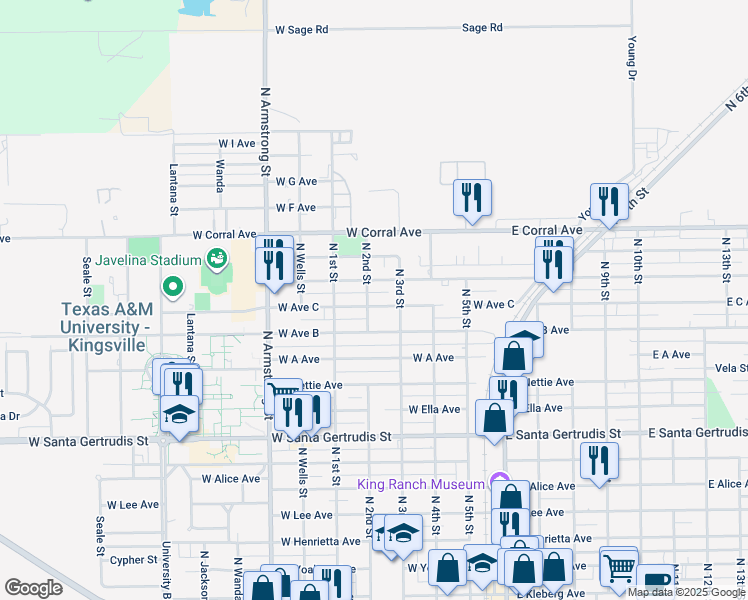 map of restaurants, bars, coffee shops, grocery stores, and more near 428 West Avenue C in Kingsville