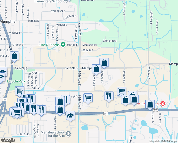 map of restaurants, bars, coffee shops, grocery stores, and more near 1720 Walnut Avenue in Palmetto
