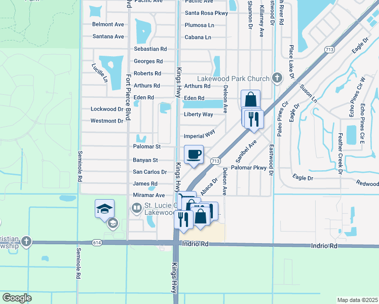 map of restaurants, bars, coffee shops, grocery stores, and more near 7107 Palomar Parkway in Fort Pierce