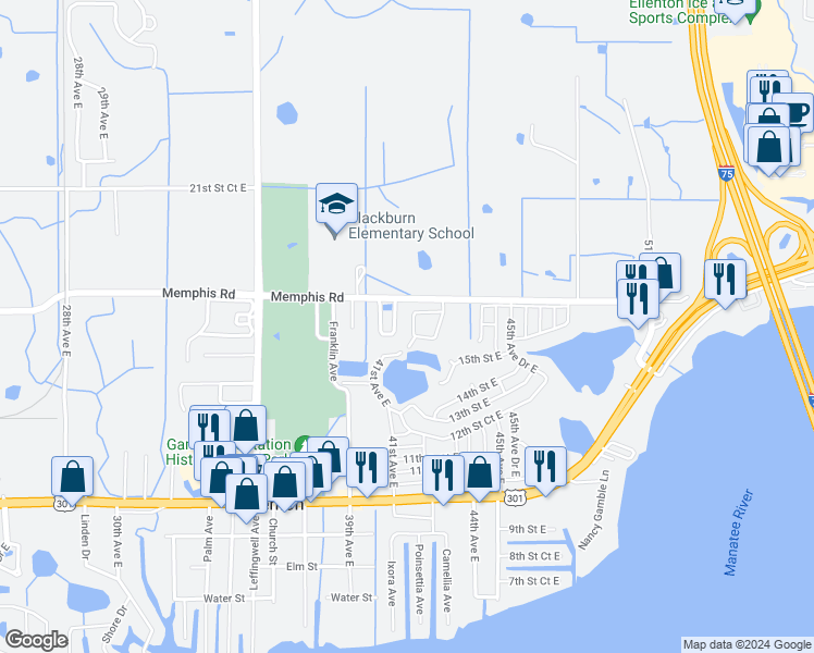 map of restaurants, bars, coffee shops, grocery stores, and more near 1531 41st Avenue Drive East in Ellenton