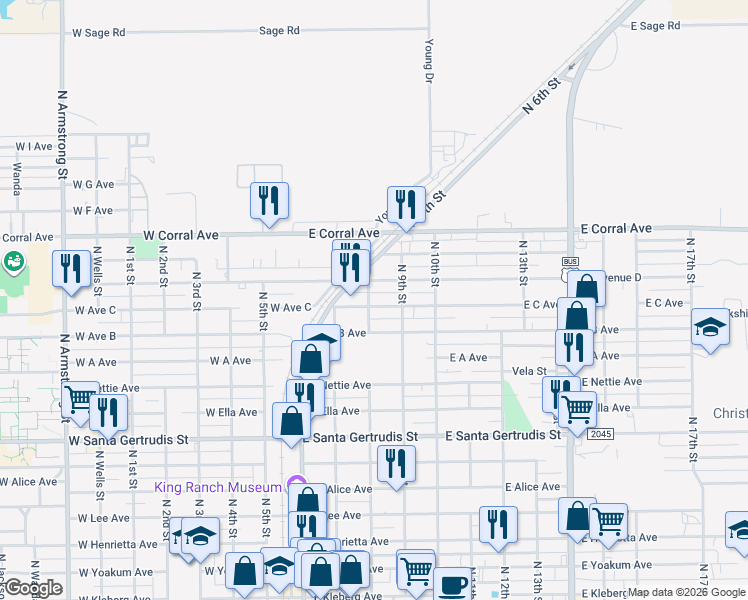 map of restaurants, bars, coffee shops, grocery stores, and more near 402 East C Avenue in Kingsville