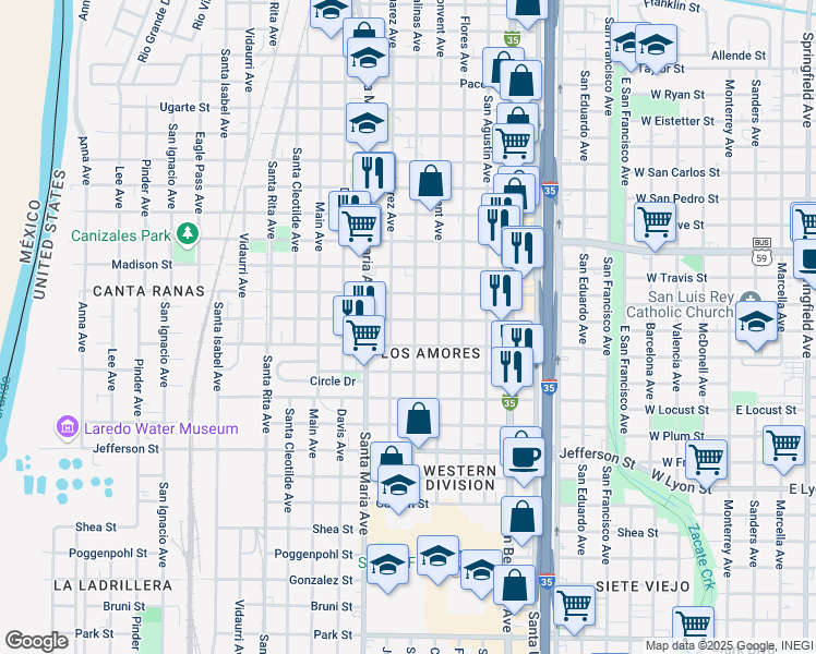 map of restaurants, bars, coffee shops, grocery stores, and more near 3118 Salinas Ave in Laredo