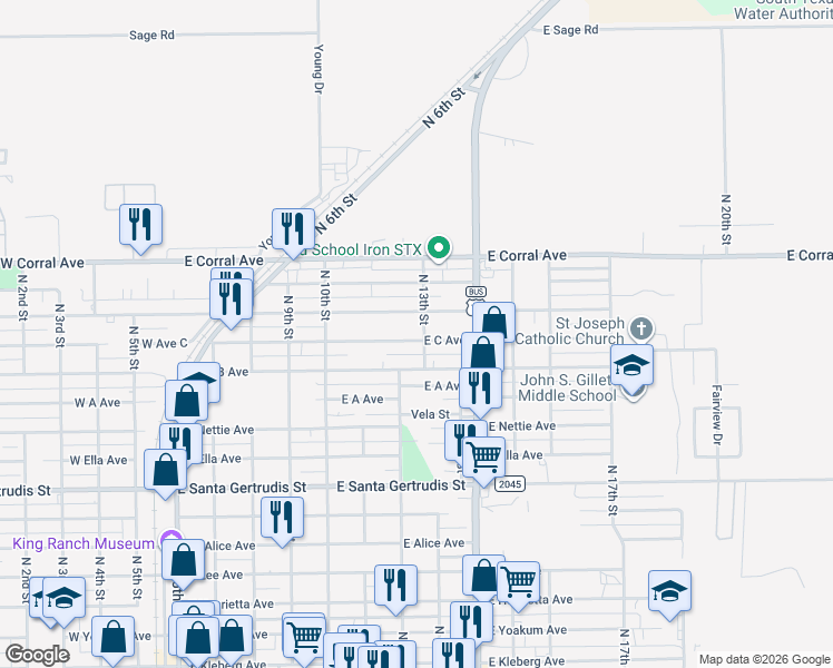 map of restaurants, bars, coffee shops, grocery stores, and more near 816 East C Avenue in Kingsville