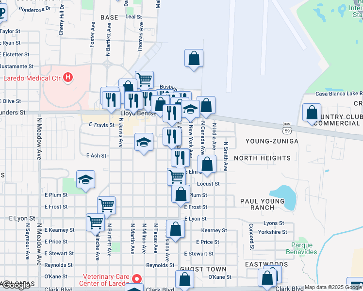 map of restaurants, bars, coffee shops, grocery stores, and more near 3504 North Arkansas Avenue in Laredo