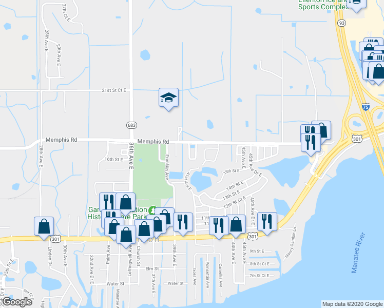 map of restaurants, bars, coffee shops, grocery stores, and more near 1673 40th Avenue Circle East in Ellenton