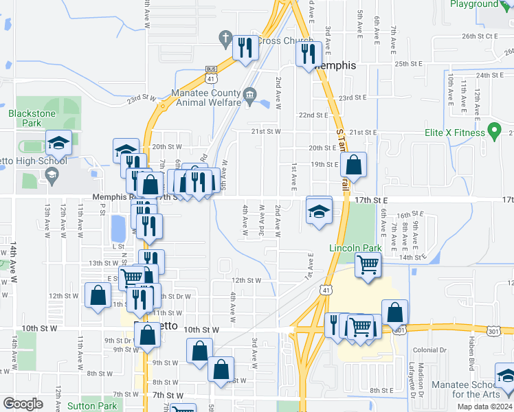 map of restaurants, bars, coffee shops, grocery stores, and more near 1607 3rd Avenue West in Palmetto