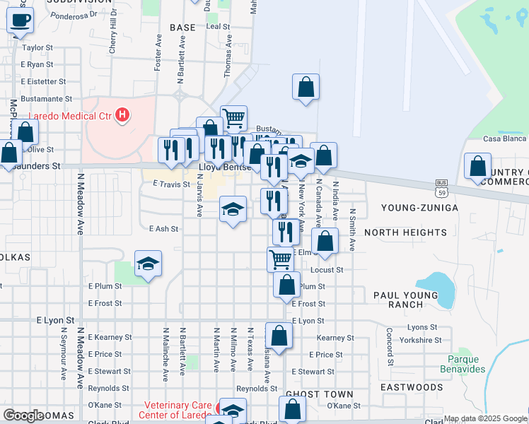 map of restaurants, bars, coffee shops, grocery stores, and more near 2600 East Montgomery Street in Laredo
