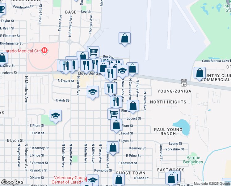 map of restaurants, bars, coffee shops, grocery stores, and more near 3504 North Arkansas Avenue in Laredo