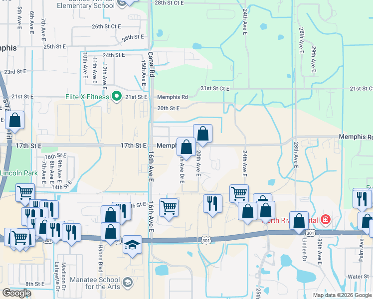 map of restaurants, bars, coffee shops, grocery stores, and more near 1622 18th Avenue Drive East in Palmetto